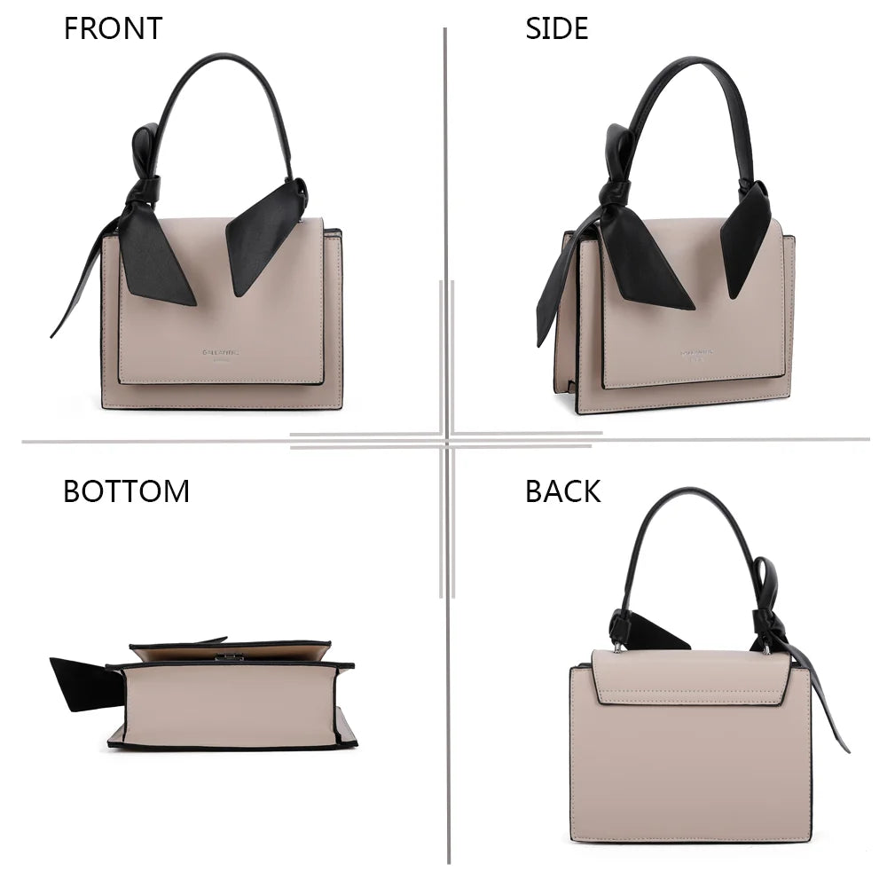 Mignonne beige sous quatre angles : face, côté, dessous et dos du petit sac à main à nœuds – réf. R-1551