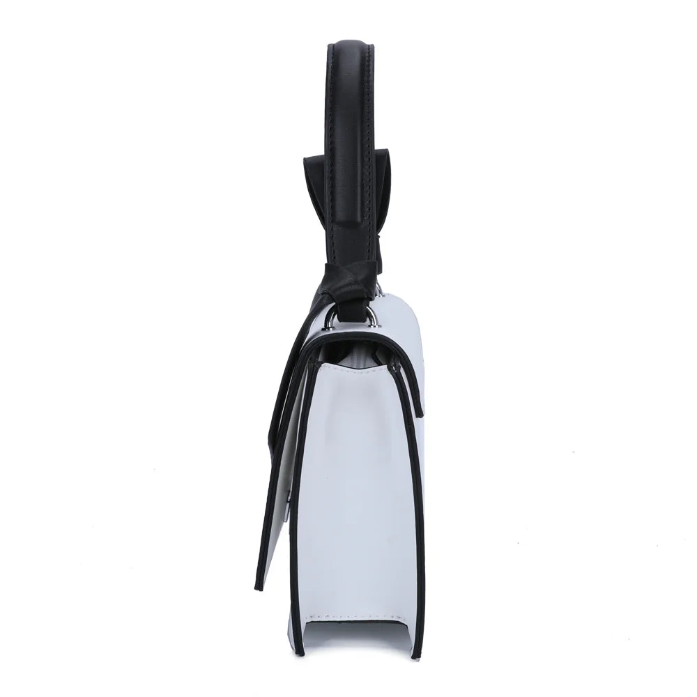 Profil du Mignonne blanc : format compact de 7 cm de profondeur et nœud noir tombant sur le côté – réf. R-1551