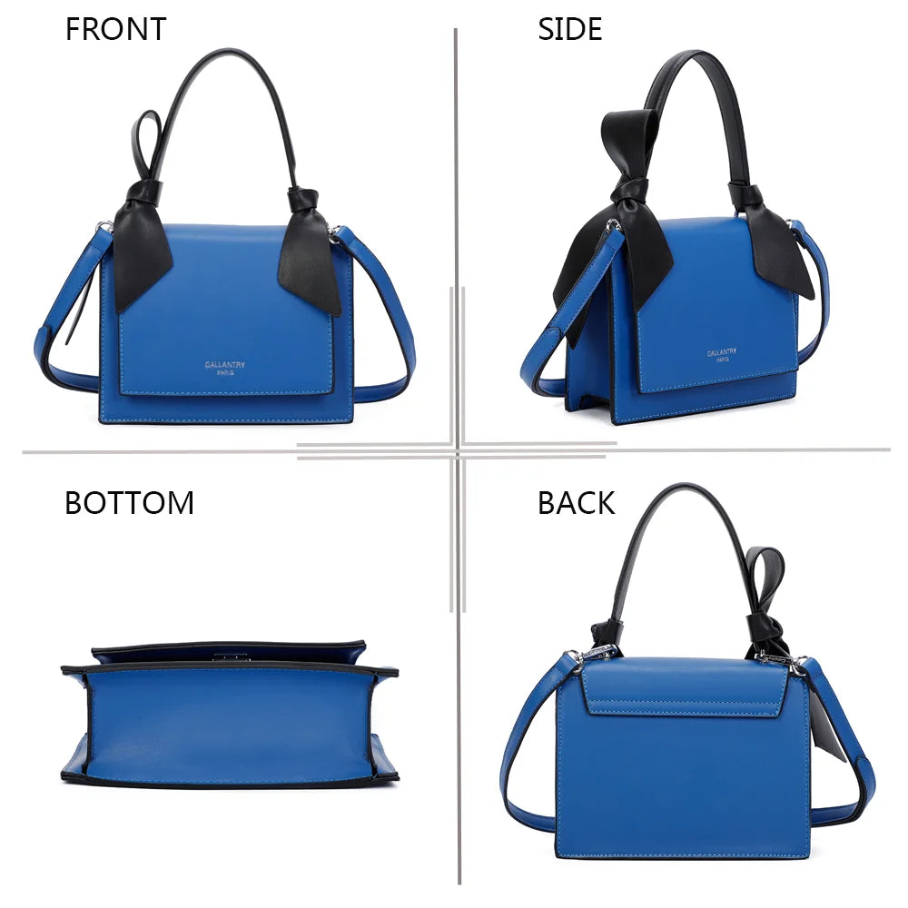 Mignonne bleu sous quatre angles : face, côté, dessous et dos du petit sac à main à nœuds – réf. R-1551