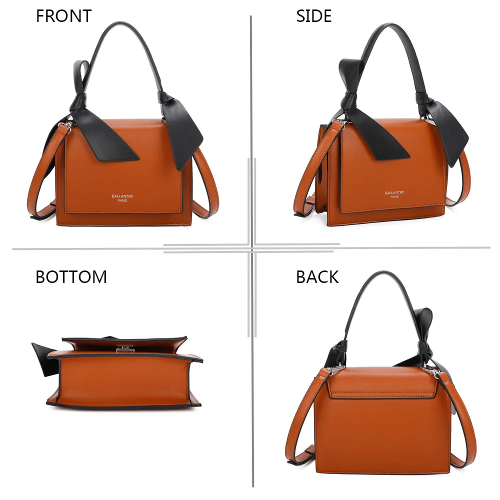 Mignonne camel sous quatre angles : face, côté, dessous et dos du petit sac à main à nœuds – réf. R-1551