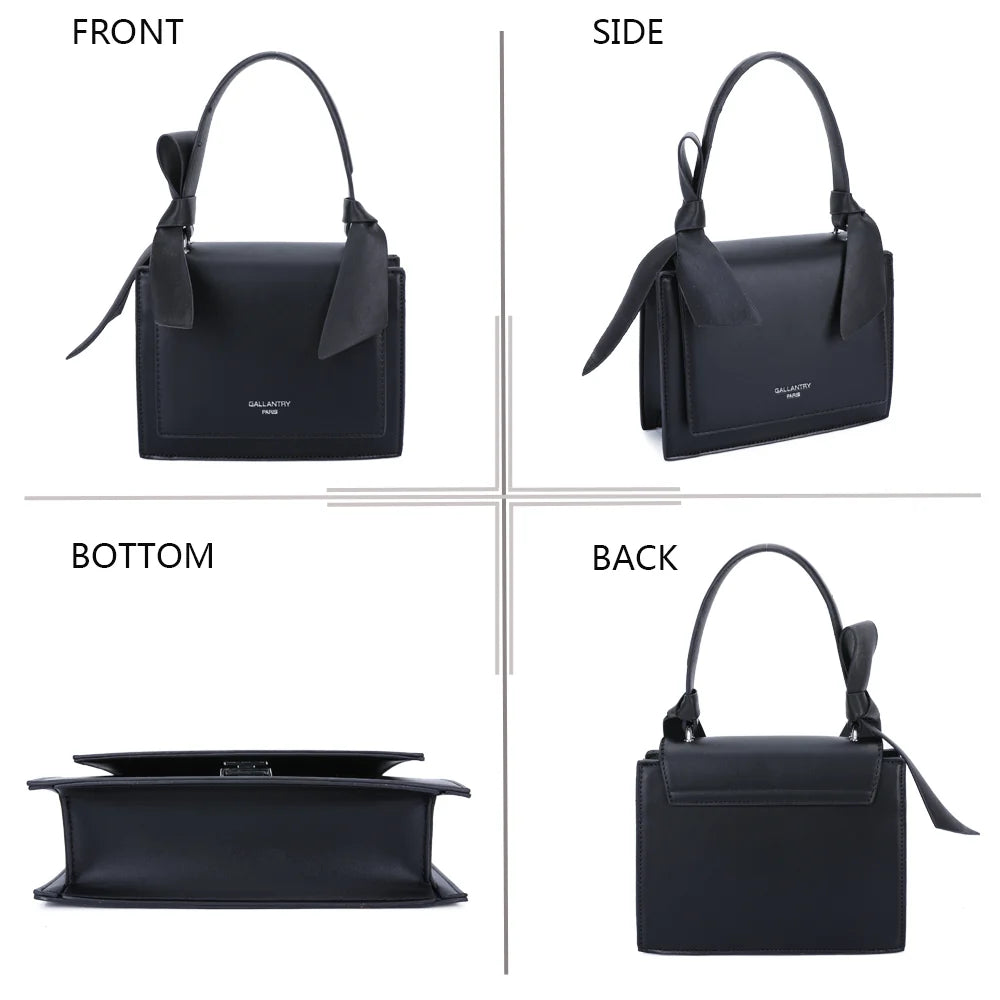 Mignonne noir sous quatre angles : face, côté, dessous et dos du petit sac à main à nœuds – réf. R-1551