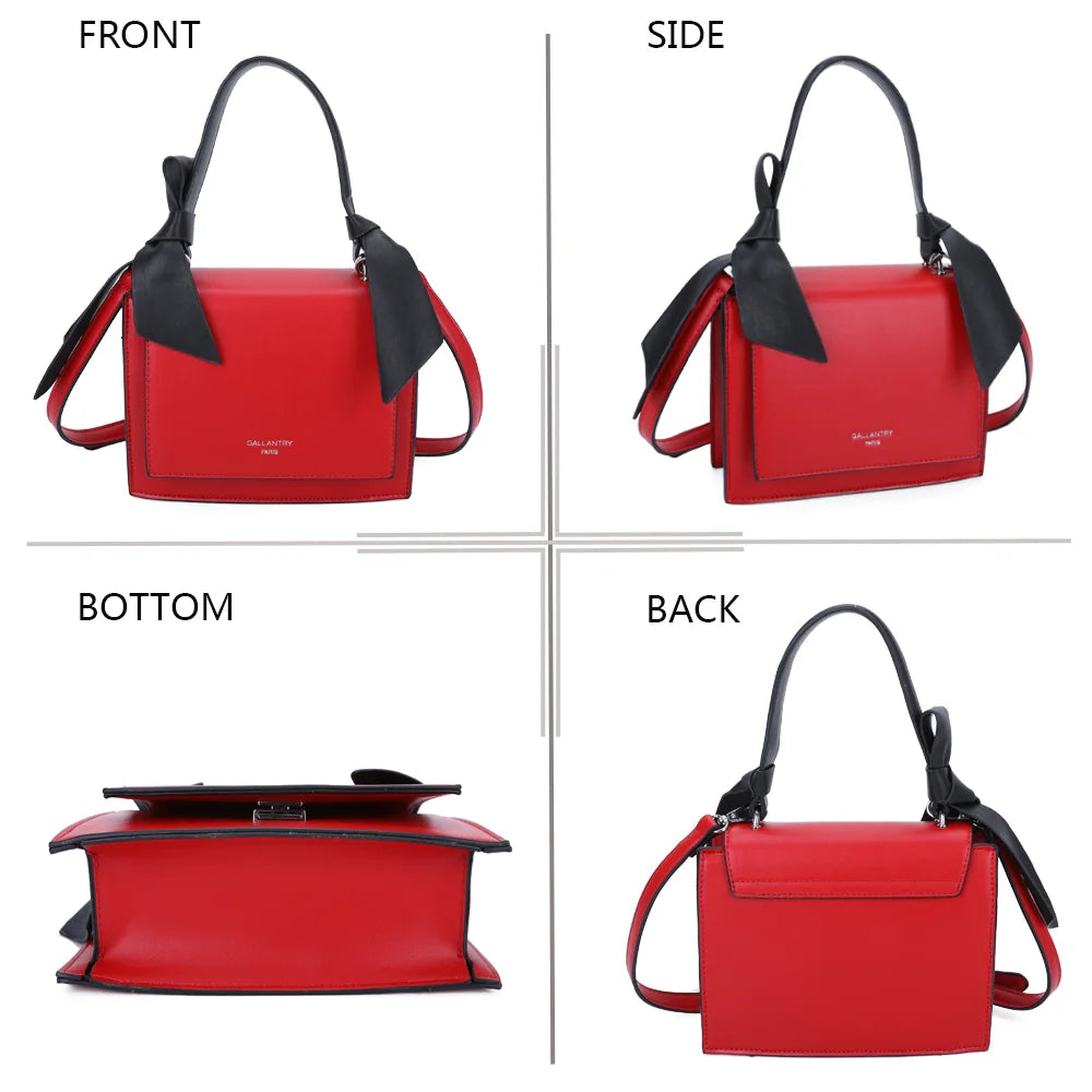 Mignonne rouge sous quatre angles : face, côté, dessous et dos du petit sac à main à nœuds – réf. R-1551