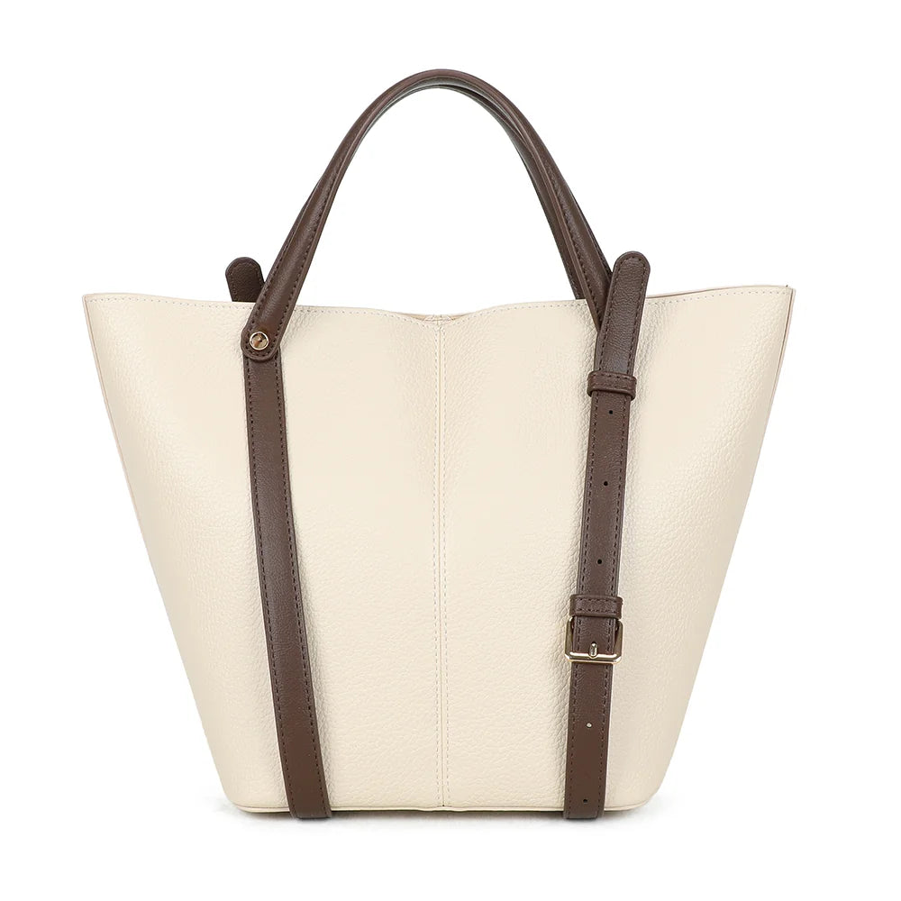 Dos du Milan Élégance beige/coffee, simili cuir grainé et sangle contrastée qui encadre le sac – réf. G-7508