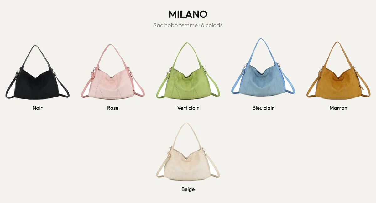 Sac à main hobo Milano en 6 coloris : noir, rose, vert clair, bleu clair, marron et beige – Gallantry Paris – réf. HS-43002