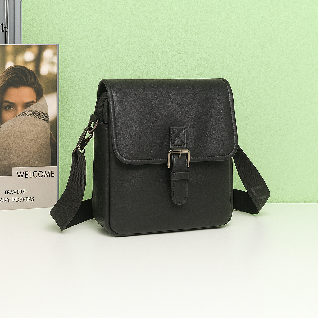 Sac bandoulière homme Milo noir à rabat et boucle mis en scène dans un décor – visuel d’ambiance créé avec l’IA – Gallantry Paris