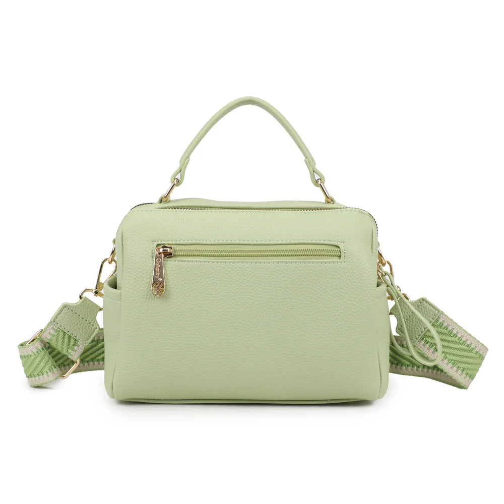 Dos du Mini Boston Élégance vert clair, simili cuir grainé uni et attaches dorées de la poignée – réf. KJ-62060