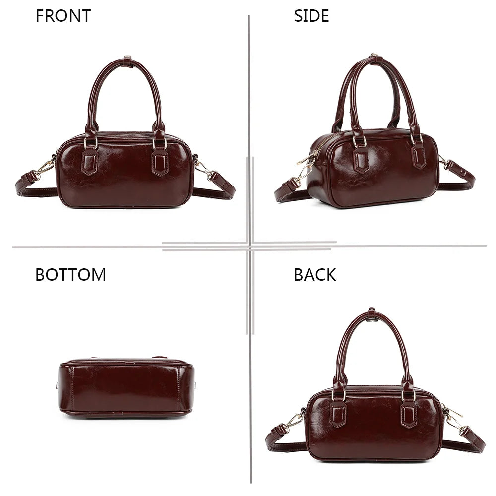 Mini Glossy bordeaux sous quatre angles : face, côté, dessous et dos du sac à l’effet verni – réf. A-9126