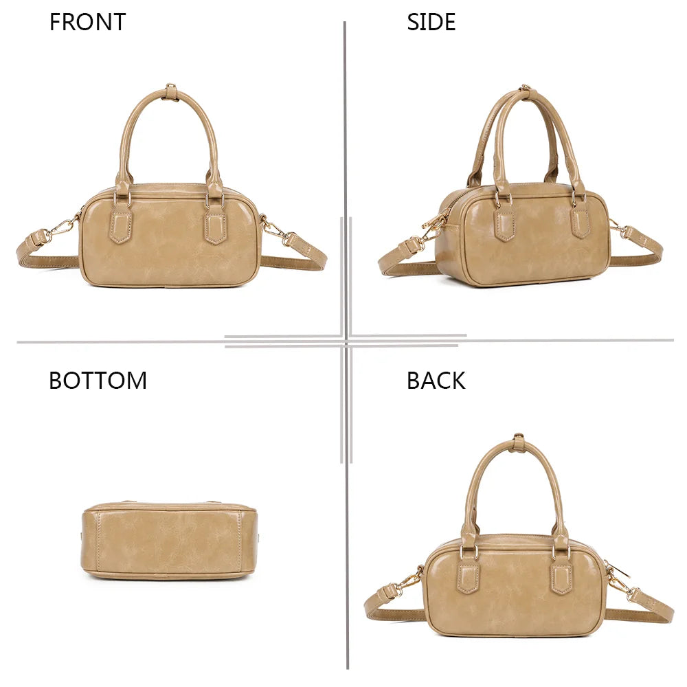 Mini Glossy taupe sous quatre angles : face, côté, dessous et dos du sac à l’effet verni – réf. A-9126