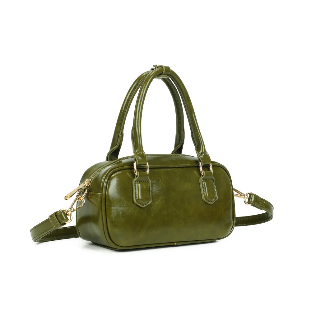 Mini Glossy vert de trois quarts : silhouette structurée, zip doré et bandoulière amovible – réf. A-9126