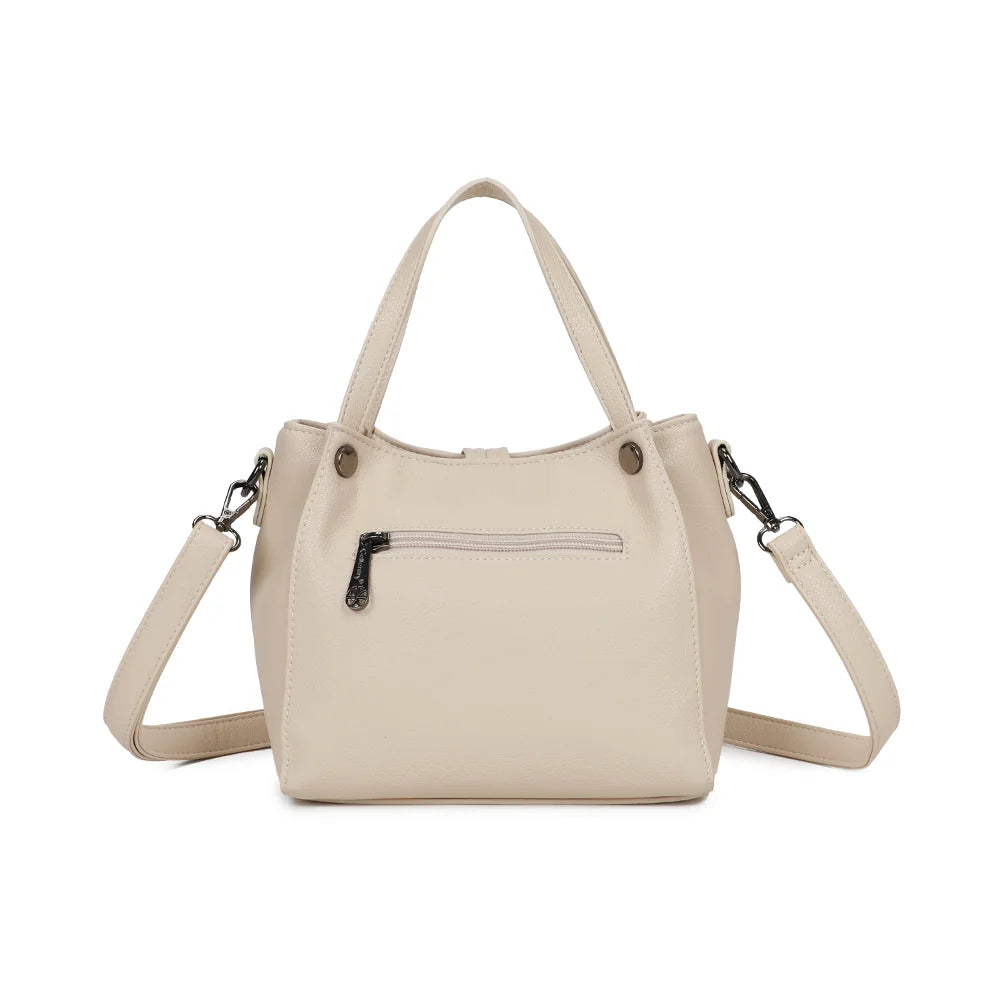 Dos du Mini Léna beige, surface grainée lisse et deux poignées cousues aux surpiqûres apparentes – réf. R-1692-2