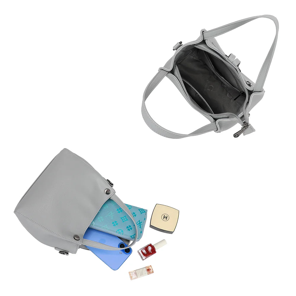 Intérieur du Mini Léna gris : compartiment zippé qui accueille portefeuille, smartphone et poudrier – réf. R-1692-2