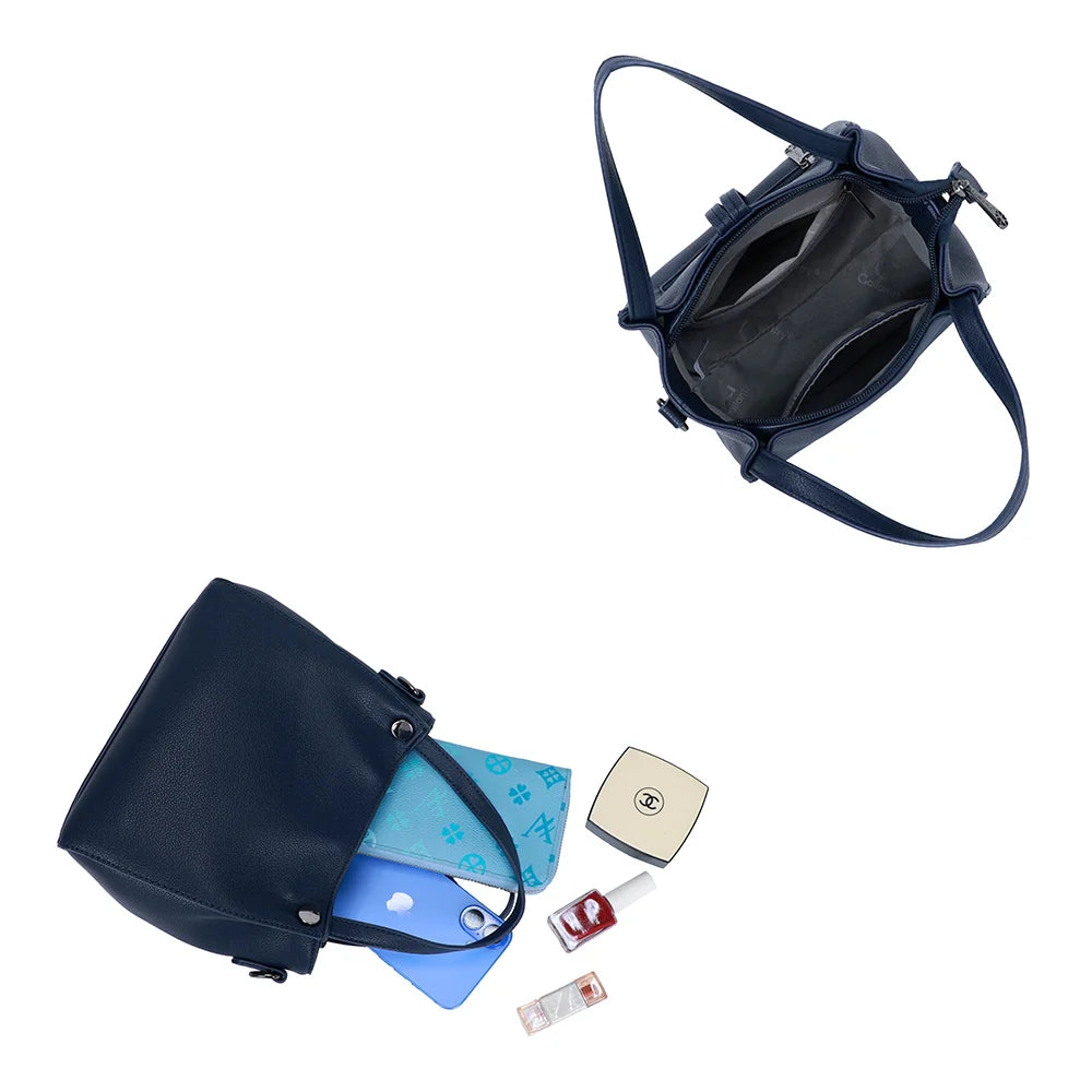 Intérieur du Mini Léna marine : compartiment zippé qui accueille portefeuille, smartphone et poudrier – réf. R-1692-2