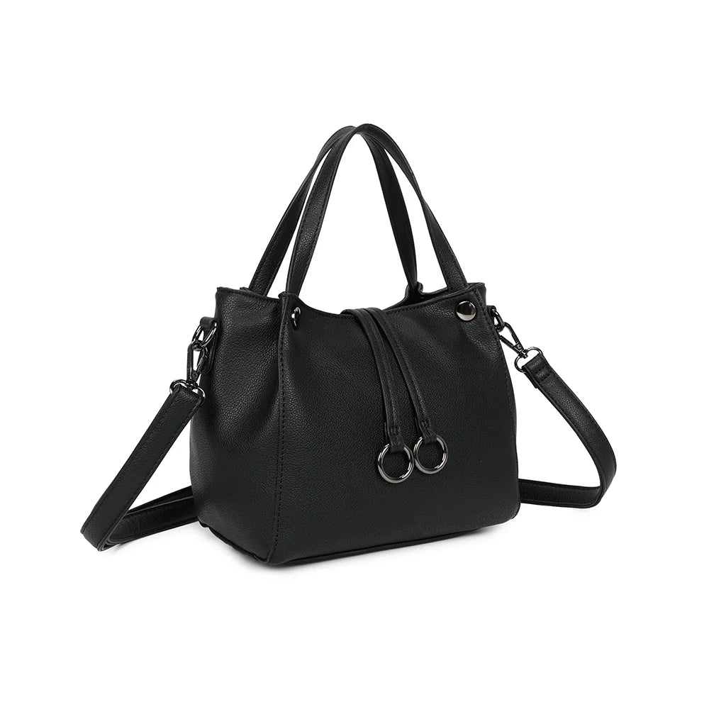 Mini Léna noir vu de trois-quarts : silhouette compacte et pattes à double anneau argenté foncé – réf. R-1692-2