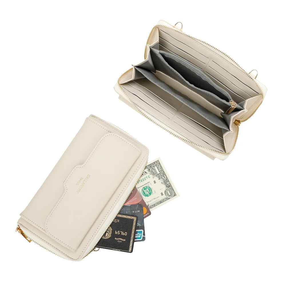 Intérieur de la Miniature beige : emplacements pour cartes, compartiments à billets et poche zippée – réf. SF-69008