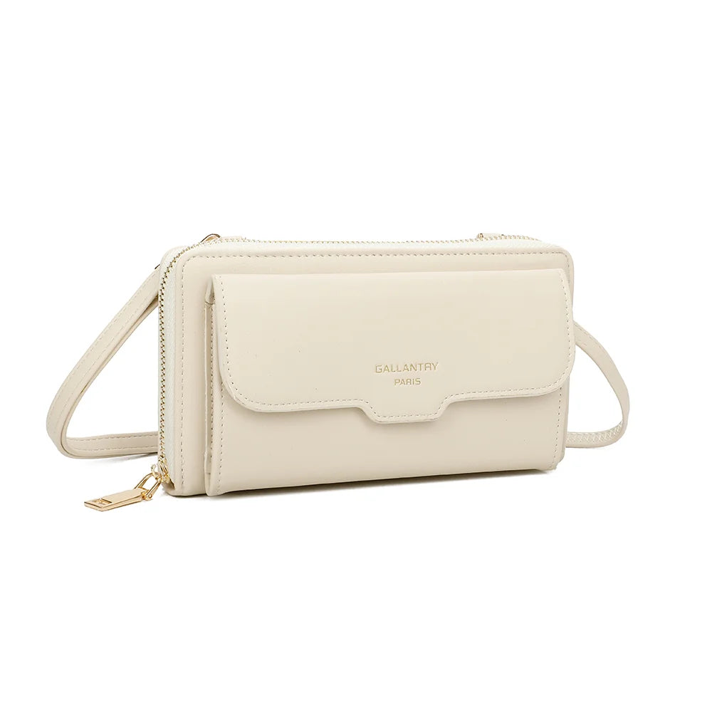 Miniature beige de trois-quarts : poche avant à rabat, zip tout autour et tirette dorée – réf. SF-69008