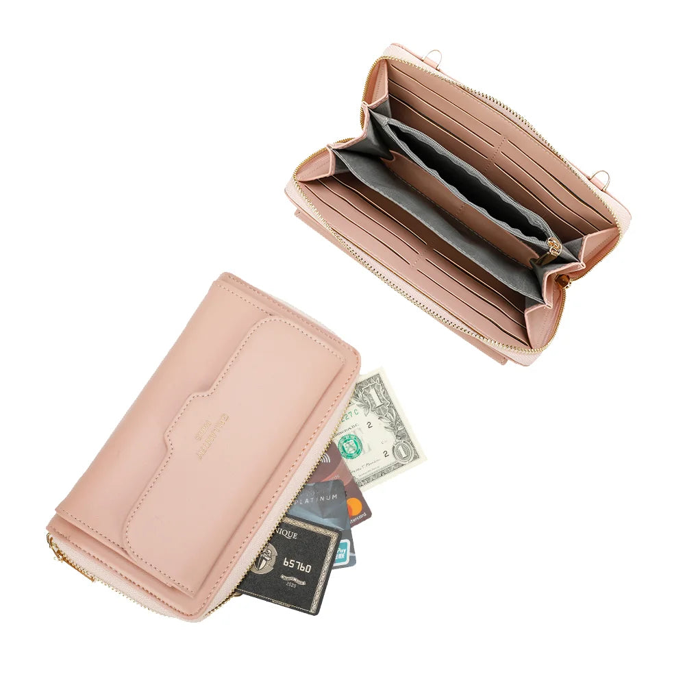 Intérieur de la Miniature rose : emplacements pour cartes, compartiments à billets et poche zippée – réf. SF-69008