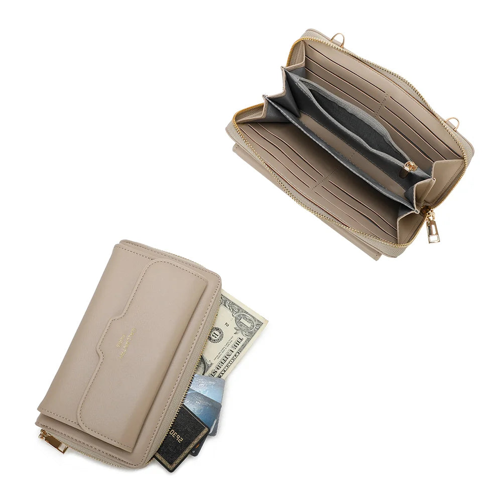 Intérieur de la Miniature taupe : emplacements pour cartes, compartiments à billets et poche zippée – réf. SF-69008