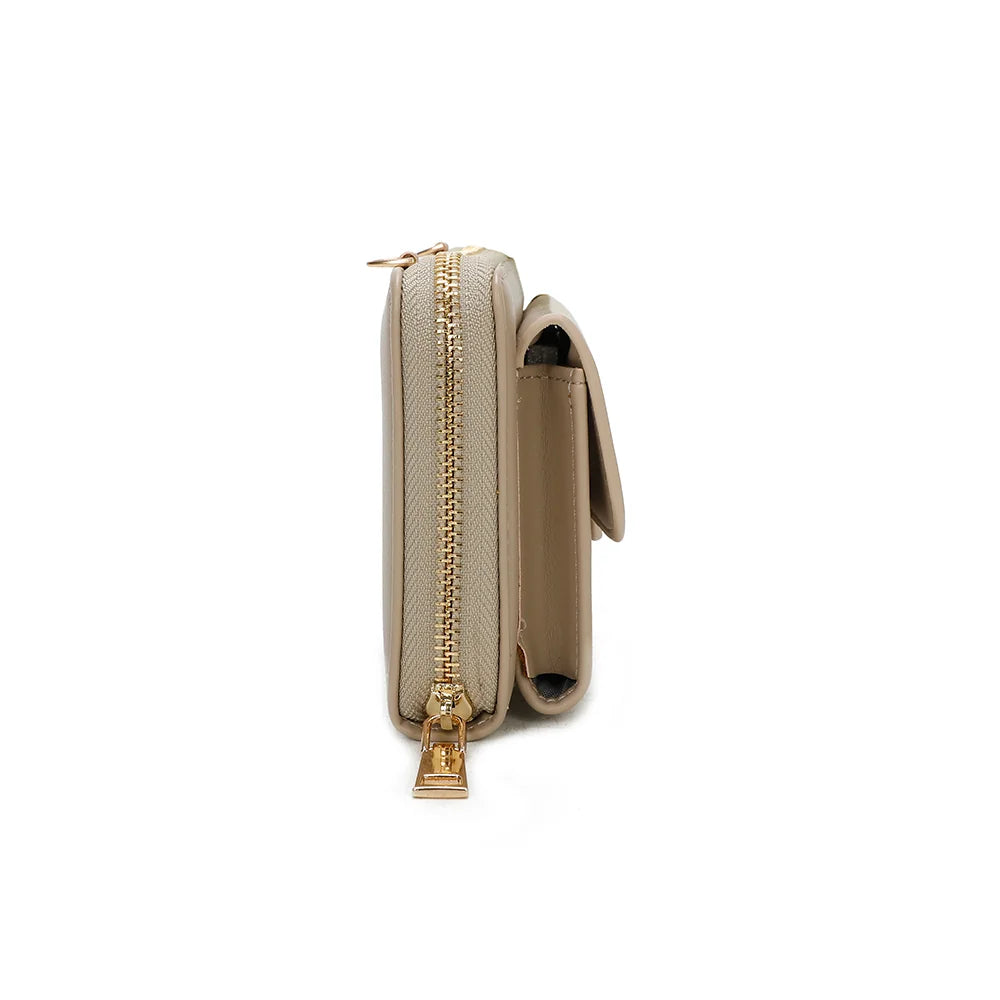 Profil de la Miniature taupe : format fin de 4 cm et zip doré qui fait le tour du sac – réf. SF-69008