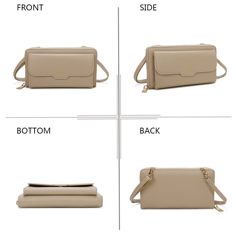 La Miniature taupe sous quatre angles : face, profil, dessous et dos du petit sac bandoulière – réf. SF-69008