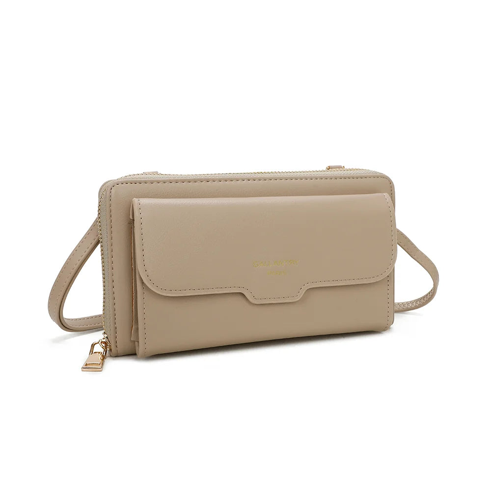 Miniature taupe de trois-quarts : poche avant à rabat, zip tout autour et tirette dorée – réf. SF-69008
