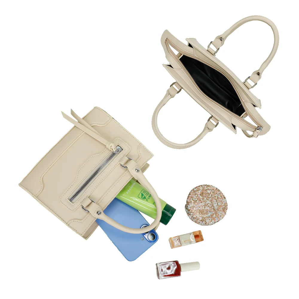 Intérieur du Minimal Chic beige : téléphone, crème et petits essentiels trouvent leur place – réf. KJ-62058