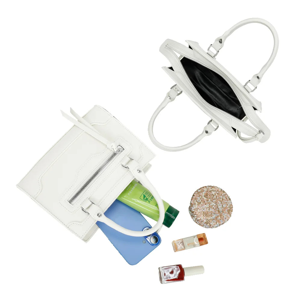 Intérieur du Minimal Chic blanc : téléphone, crème et petits essentiels trouvent leur place – réf. KJ-62058