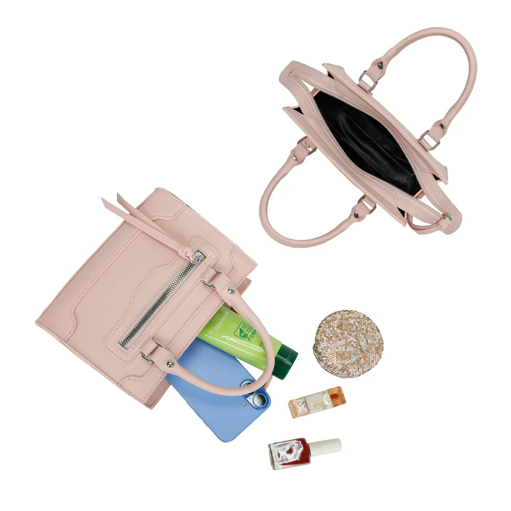 Intérieur du Minimal Chic rose : téléphone, crème et petits essentiels trouvent leur place – réf. KJ-62058