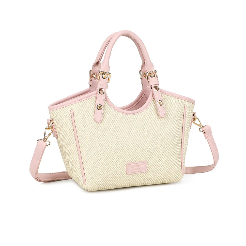 Minimal Riviera beige/rose vu de trois quarts : silhouette évasée et anses rondes à boucles dorées – réf. DQ-8724