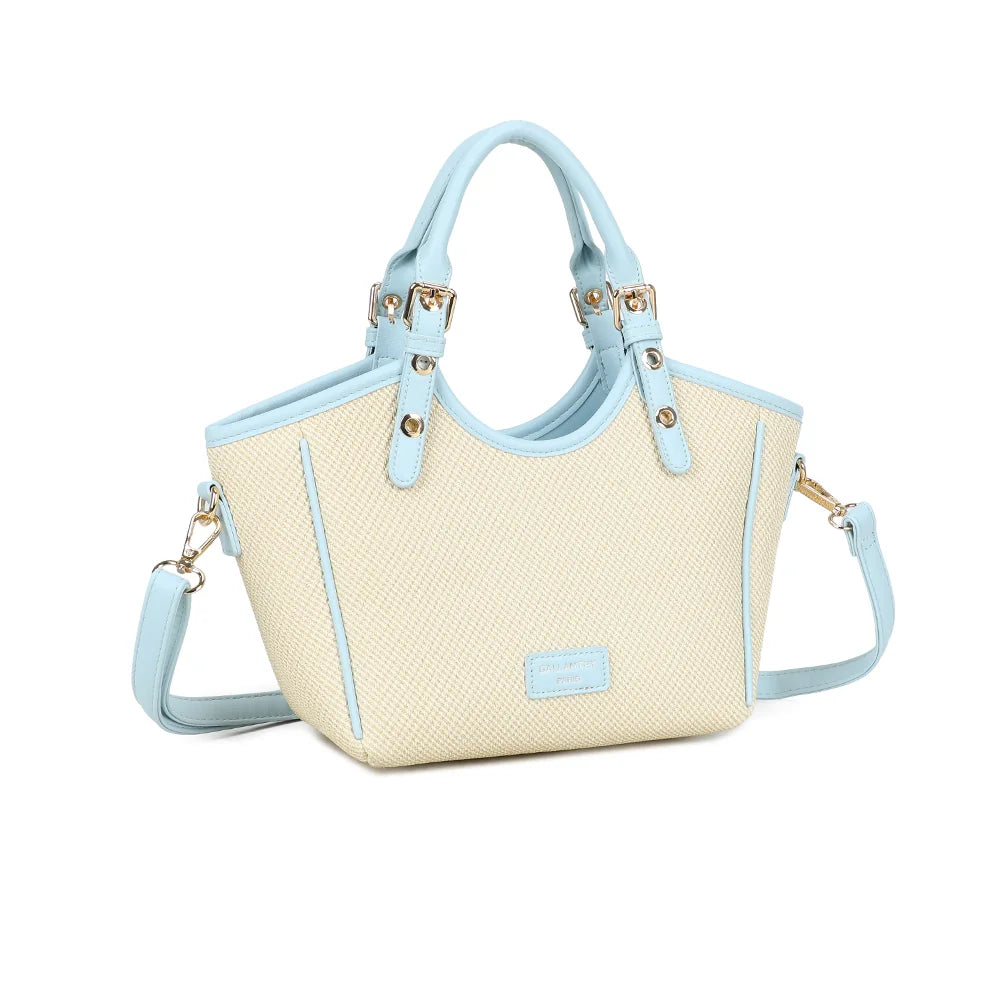 Minimal Riviera bleu clair vu de trois quarts : silhouette évasée et anses rondes à boucles dorées – réf. DQ-8724