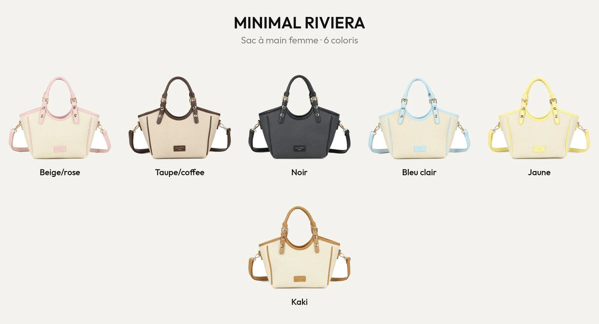 Sac à main Minimal Riviera en six coloris : Beige/Rose, Taupe/coffee, Noir, Bleu Clair, Jaune et Khaki – Gallantry Paris – réf. DQ-8724