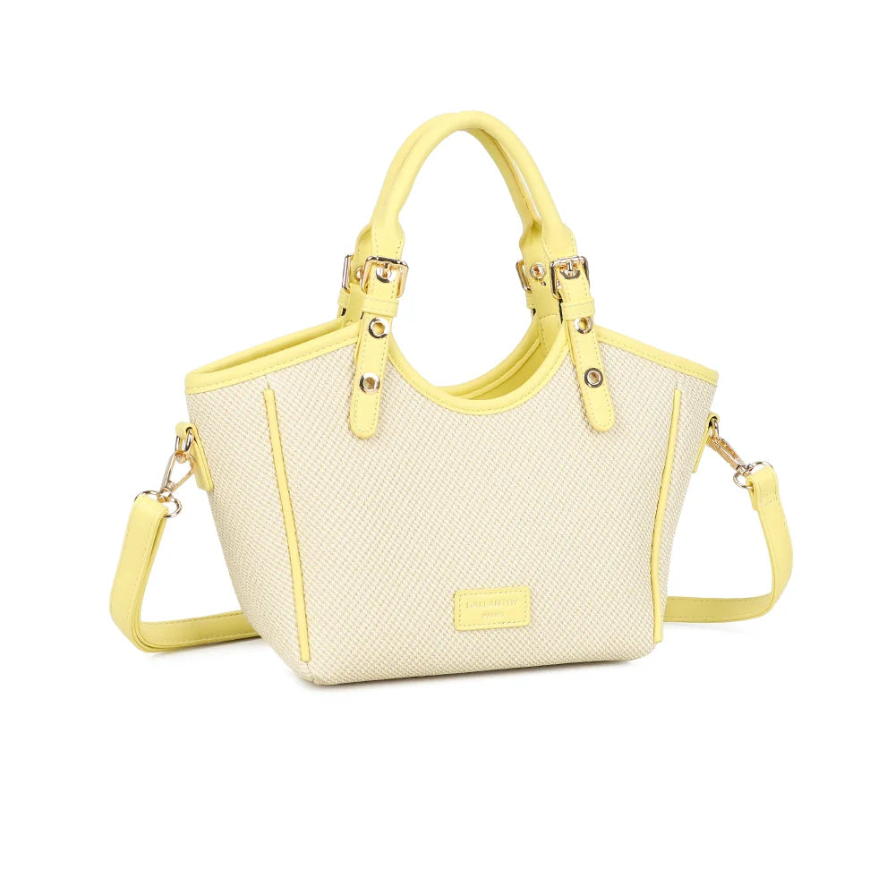 Minimal Riviera jaune vu de trois quarts : silhouette évasée et anses rondes à boucles dorées – réf. DQ-8724