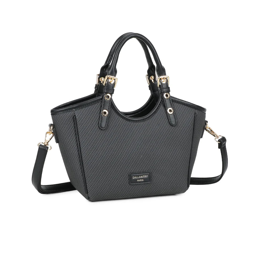 Minimal Riviera noir vu de trois quarts : silhouette évasée et anses rondes à boucles dorées – réf. DQ-8724