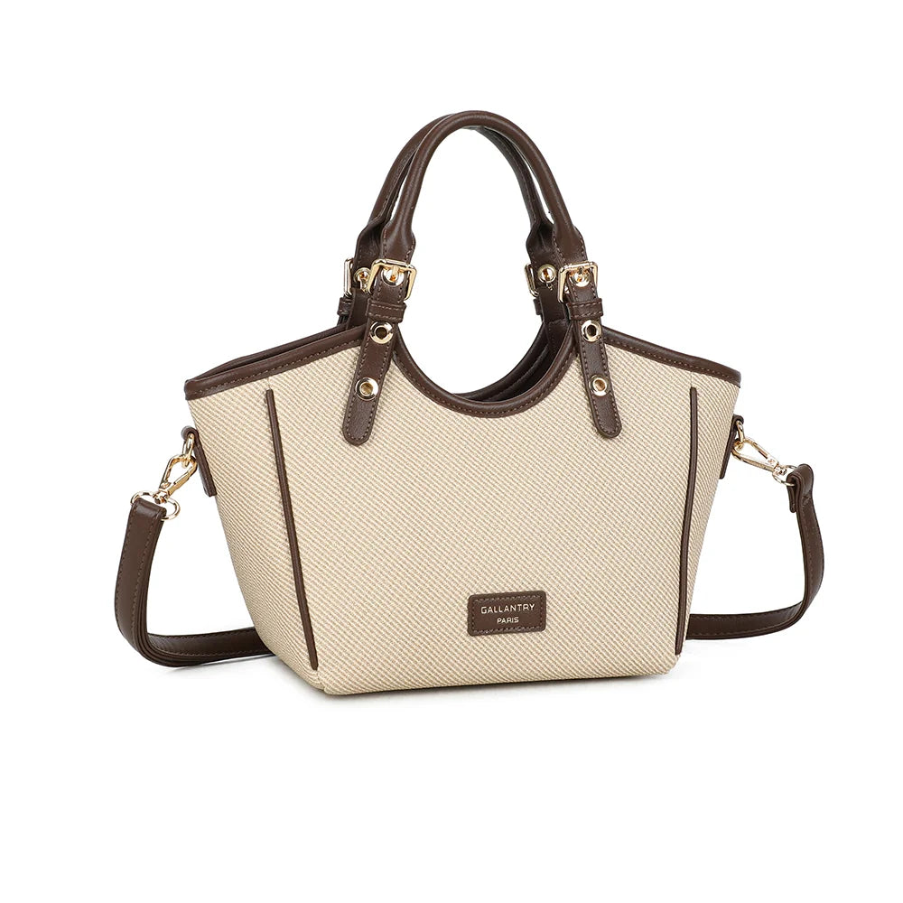 Minimal Riviera taupe/coffee vu de trois quarts : silhouette évasée et anses rondes à boucles dorées – réf. DQ-8724