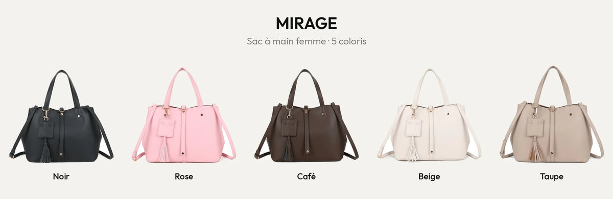Sac à main femme Mirage en simili cuir grainé, 5 coloris : noir, rose, coffee, beige et taupe – Gallantry Paris – réf. DG-5814