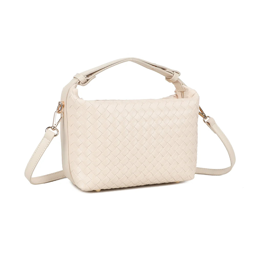 Vue de trois quarts du Mirena beige : silhouette compacte et arrondie, tressage régulier et attaches dorées – réf. DG-5811