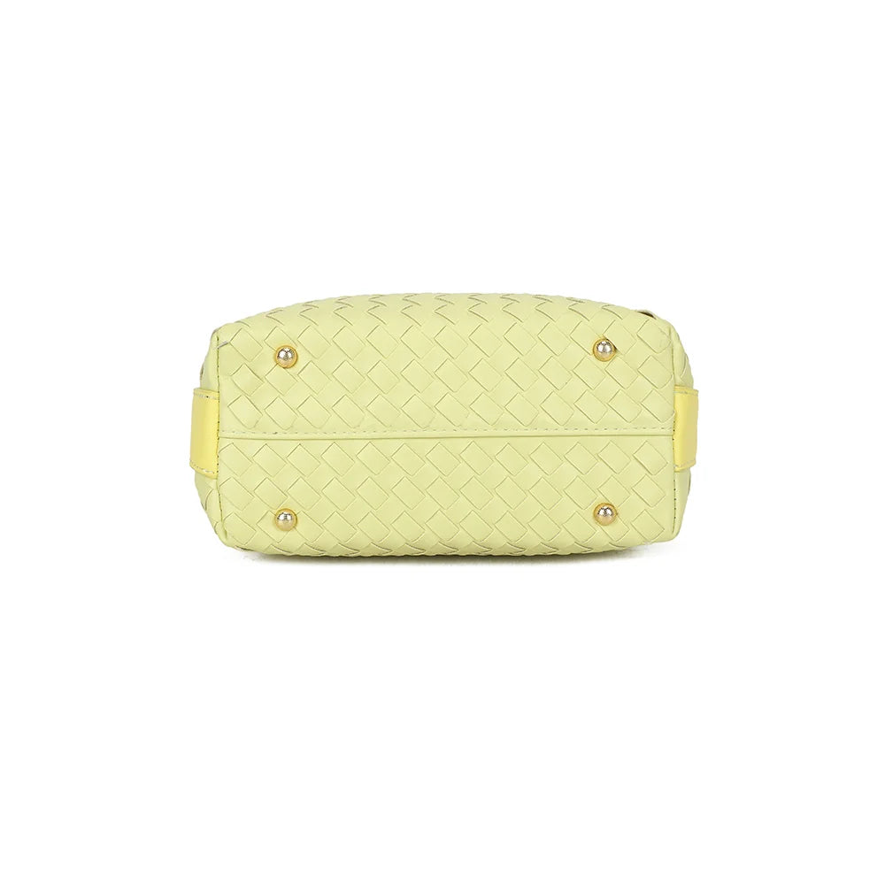 Dessous du Mirena jaune, posé sur de petits pieds métalliques dorés qui protègent la base – réf. DG-5811