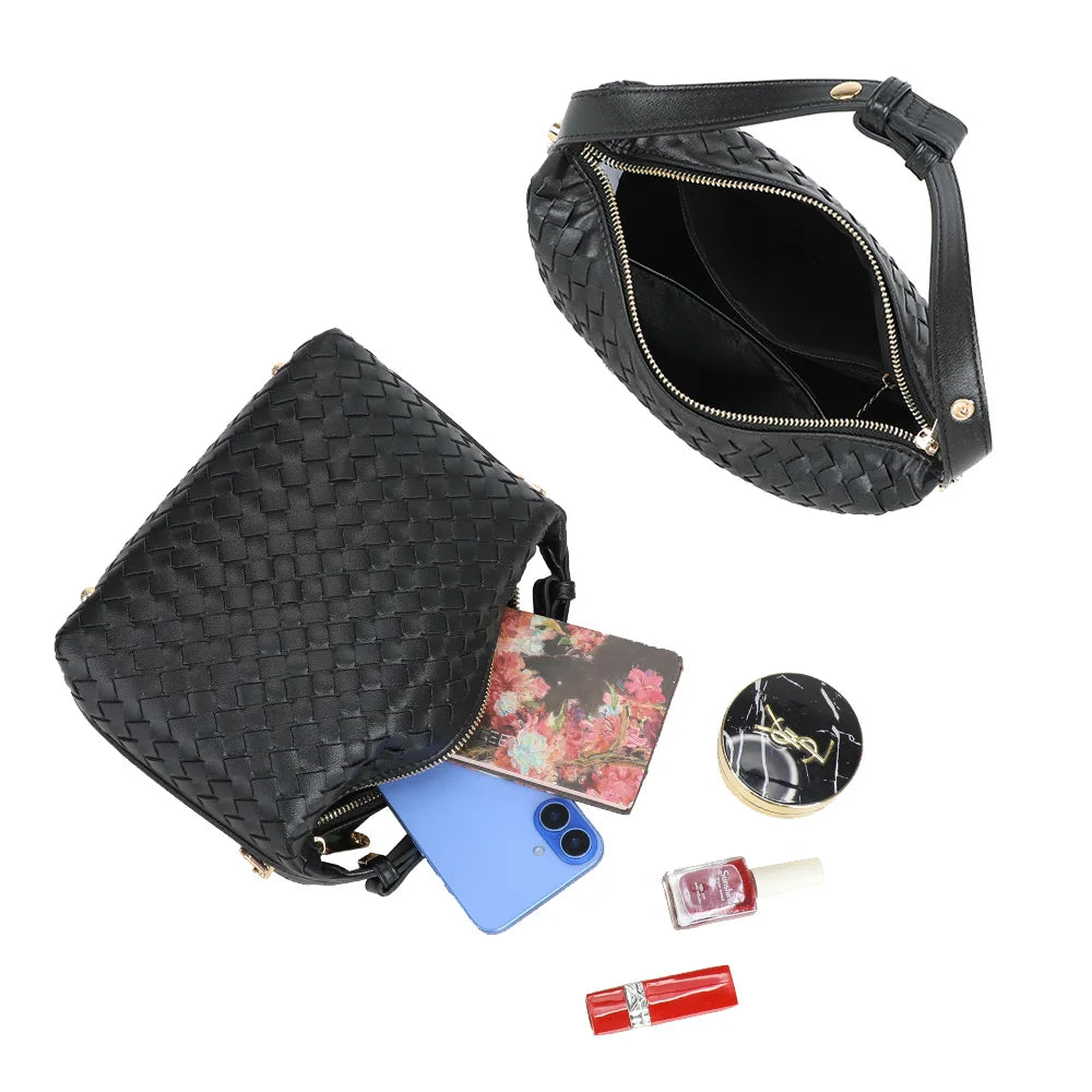 Intérieur du Mirena noir : ouverture zippée dorée, place pour téléphone, portefeuille et maquillage – réf. DG-5811