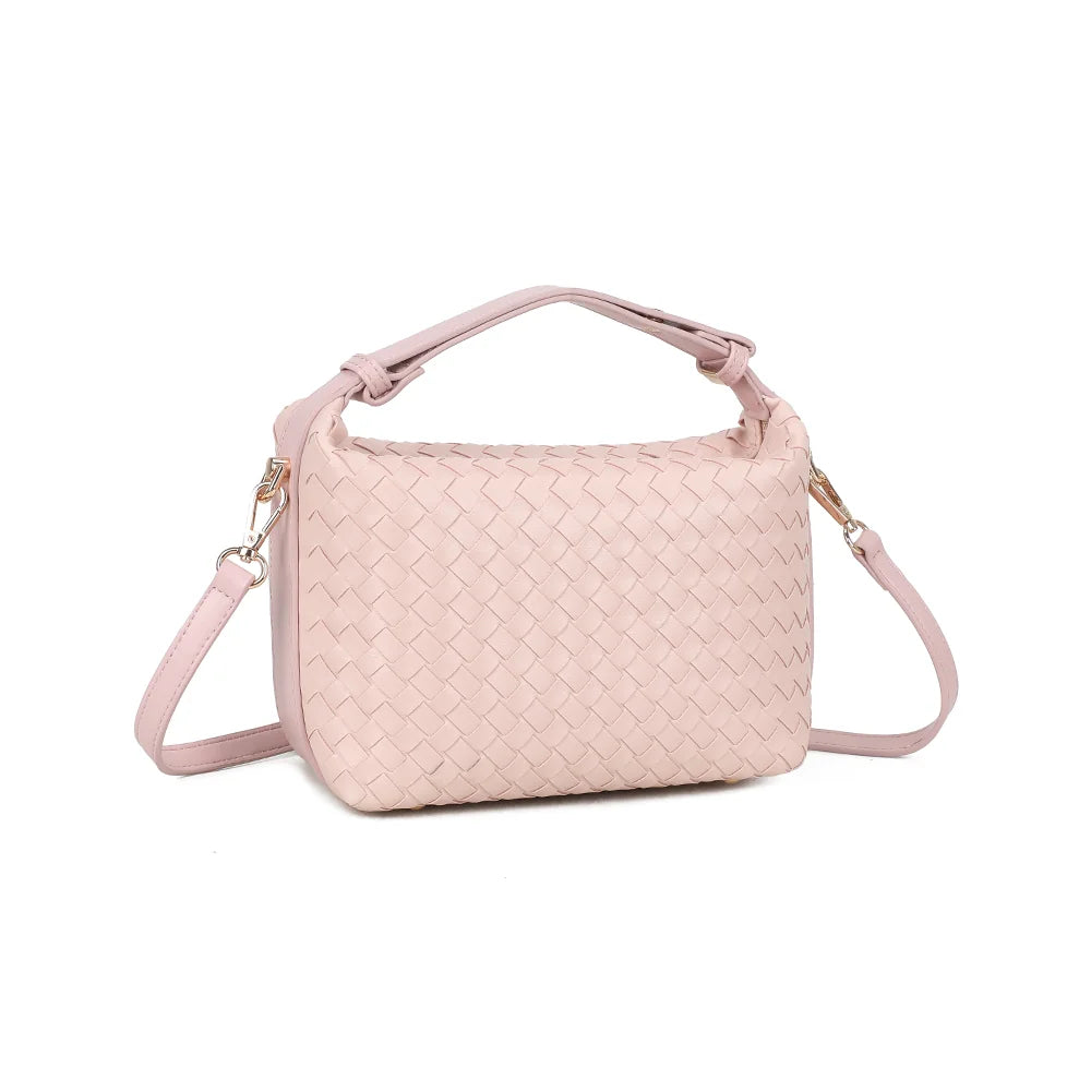 Vue de trois quarts du Mirena rose : silhouette compacte et arrondie, tressage régulier et attaches dorées – réf. DG-5811