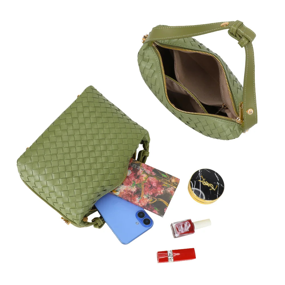 Intérieur du Mirena vert : ouverture zippée dorée, place pour téléphone, portefeuille et maquillage – réf. DG-5811