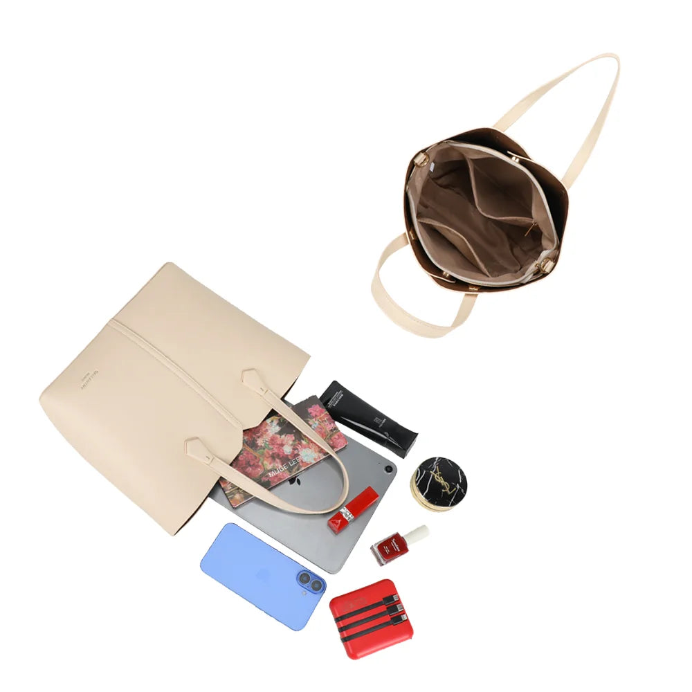 Intérieur du Modern Lady beige : grand compartiment avec poches plaquées pour s’organiser – réf. DQ-8725