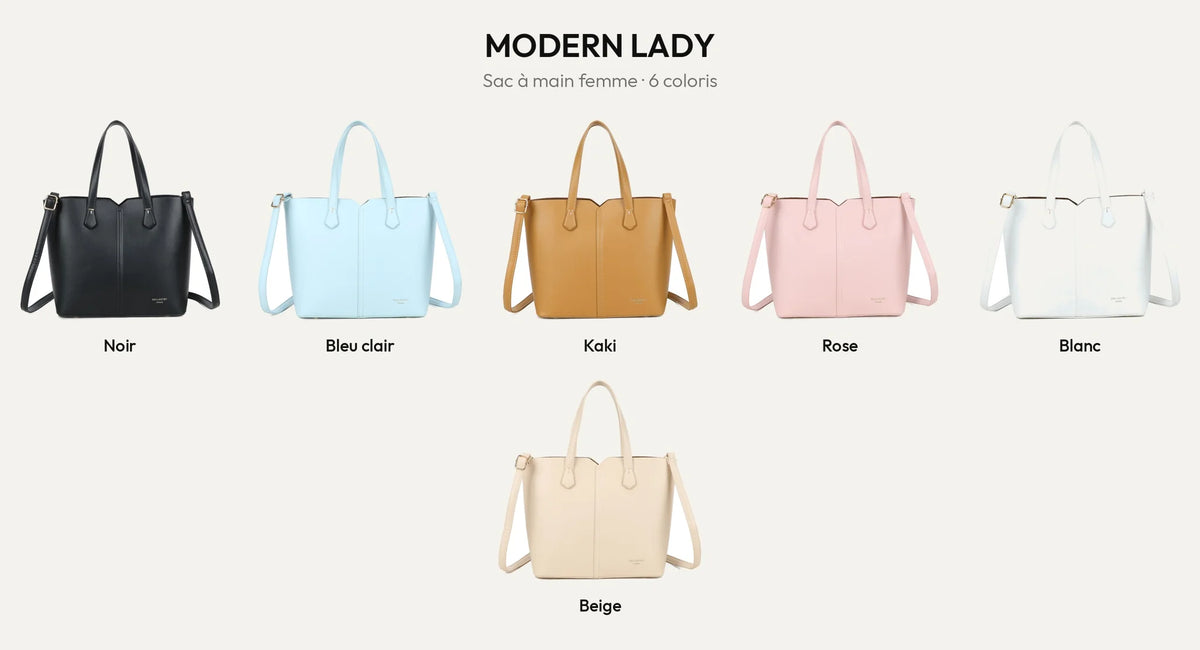 Sac à main femme Modern Lady en six coloris : noir, bleu clair, khaki, rose, blanc et beige – Gallantry Paris – réf. DQ-8725