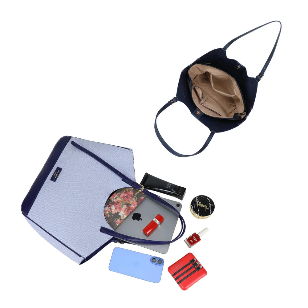 Intérieur du Modern Muse bleu : poches plaquées et place pour une tablette – réf. A-9148