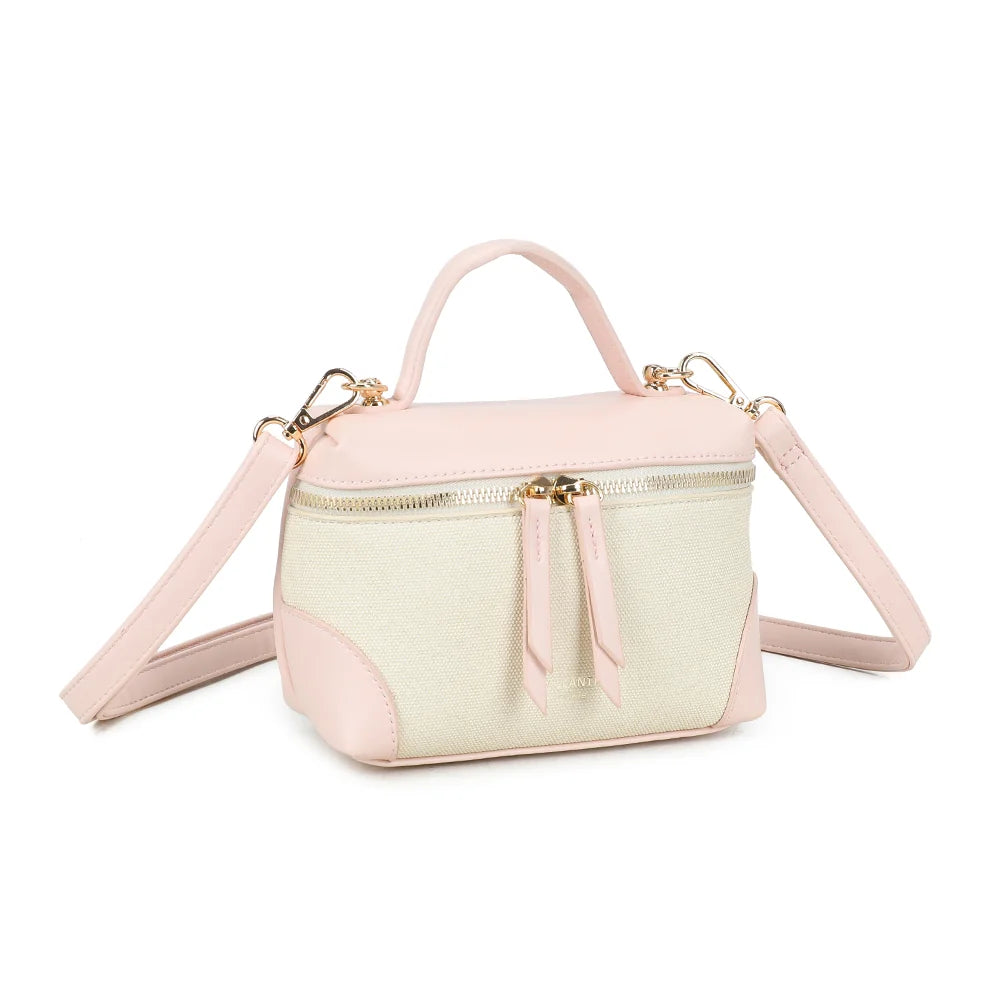 Moka beige/rose de trois quarts : format compact et structuré, poignée main et anneaux dorés – réf. KJ-62091