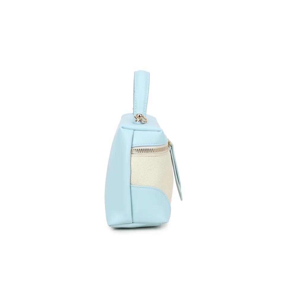 Profil du Moka bleu clair : 7 cm de profondeur et attaches dorées pour la bandoulière – réf. KJ-62091
