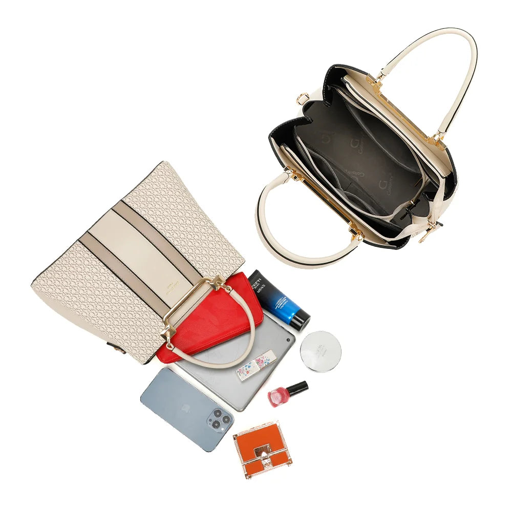 Intérieur du Monogram Chic beige/taupe : plusieurs compartiments pour smartphone, portefeuille et essentiels – réf. DQ-8605-2