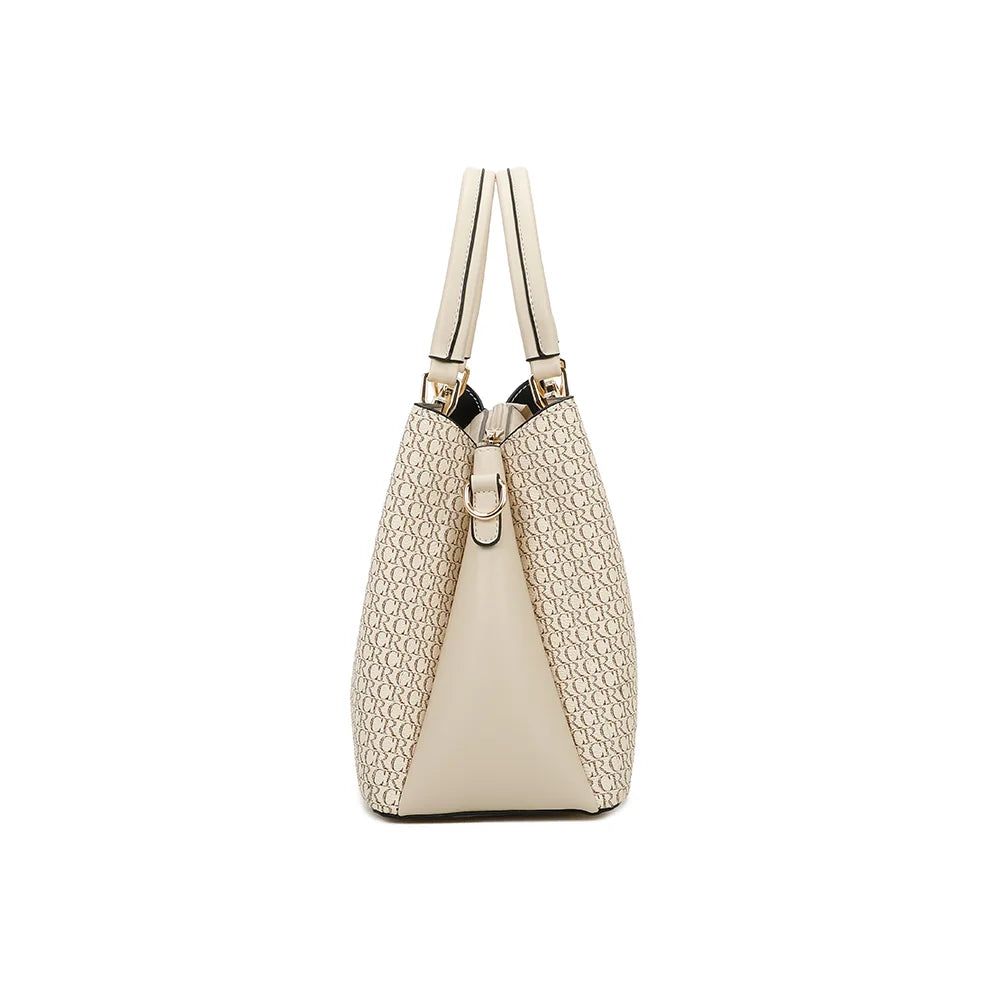 Profil du Monogram Chic beige/taupe : soufflet lisse et anneau doré pour la bandoulière amovible – réf. DQ-8605-2