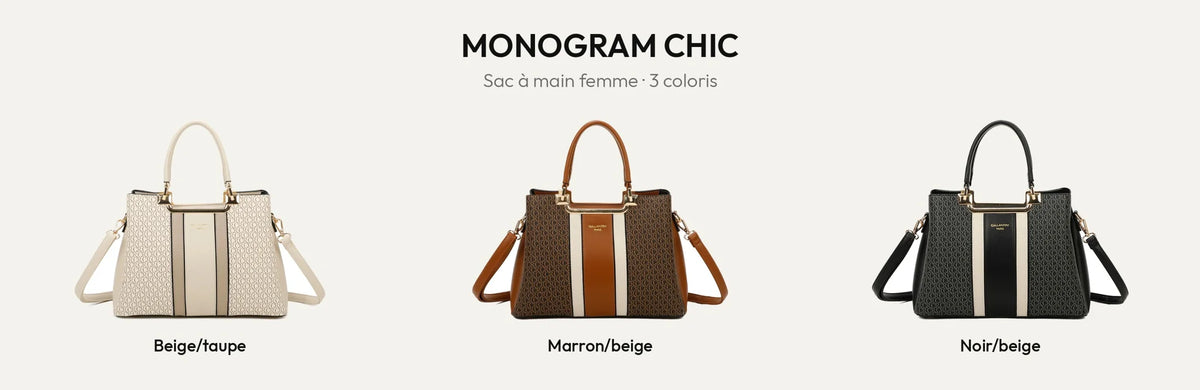 Sac à main femme Monogram Chic en trois coloris : Beige/Taupe, Marron/Beige et Noir/Beige – Gallantry Paris – réf. DQ-8605-2