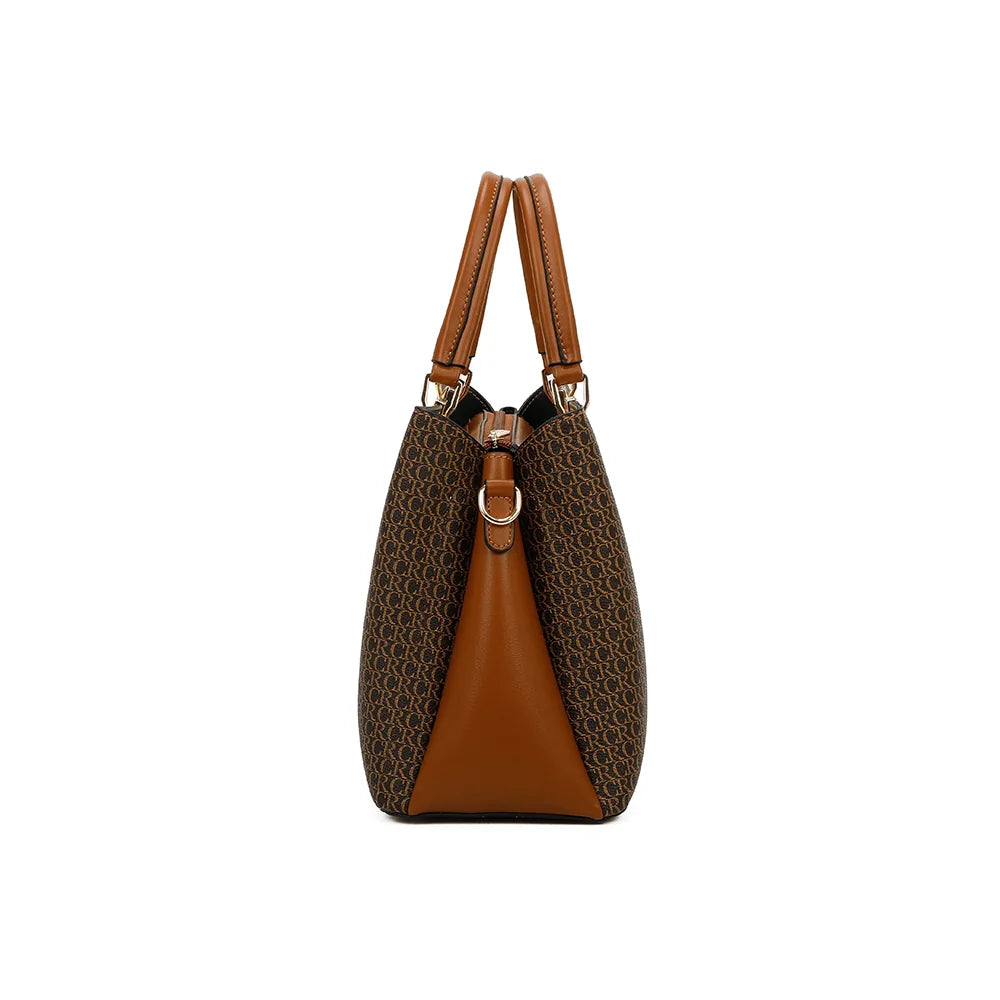 Profil du Monogram Chic marron/beige : soufflet lisse et anneau doré pour la bandoulière amovible – réf. DQ-8605-2