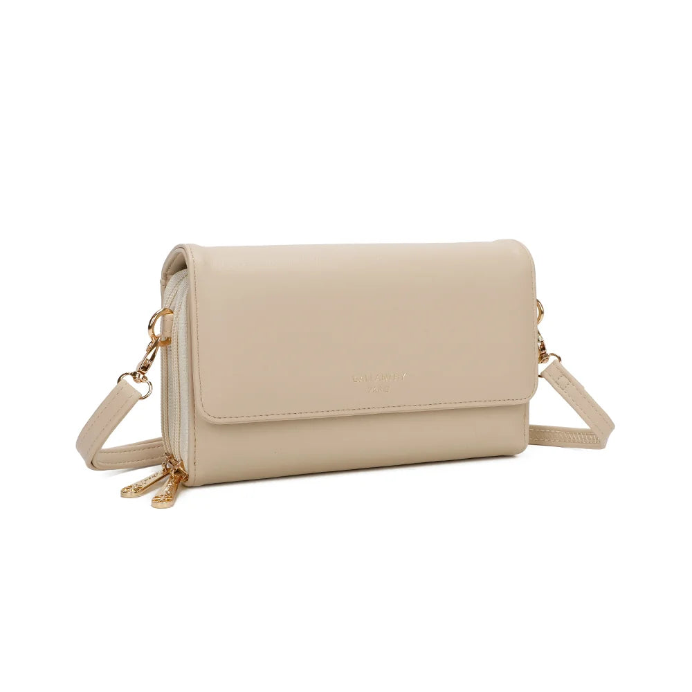 Naélys beige de trois-quarts : rabat lisse, côtés zippés et doubles tirettes dorées – réf. SF-69025
