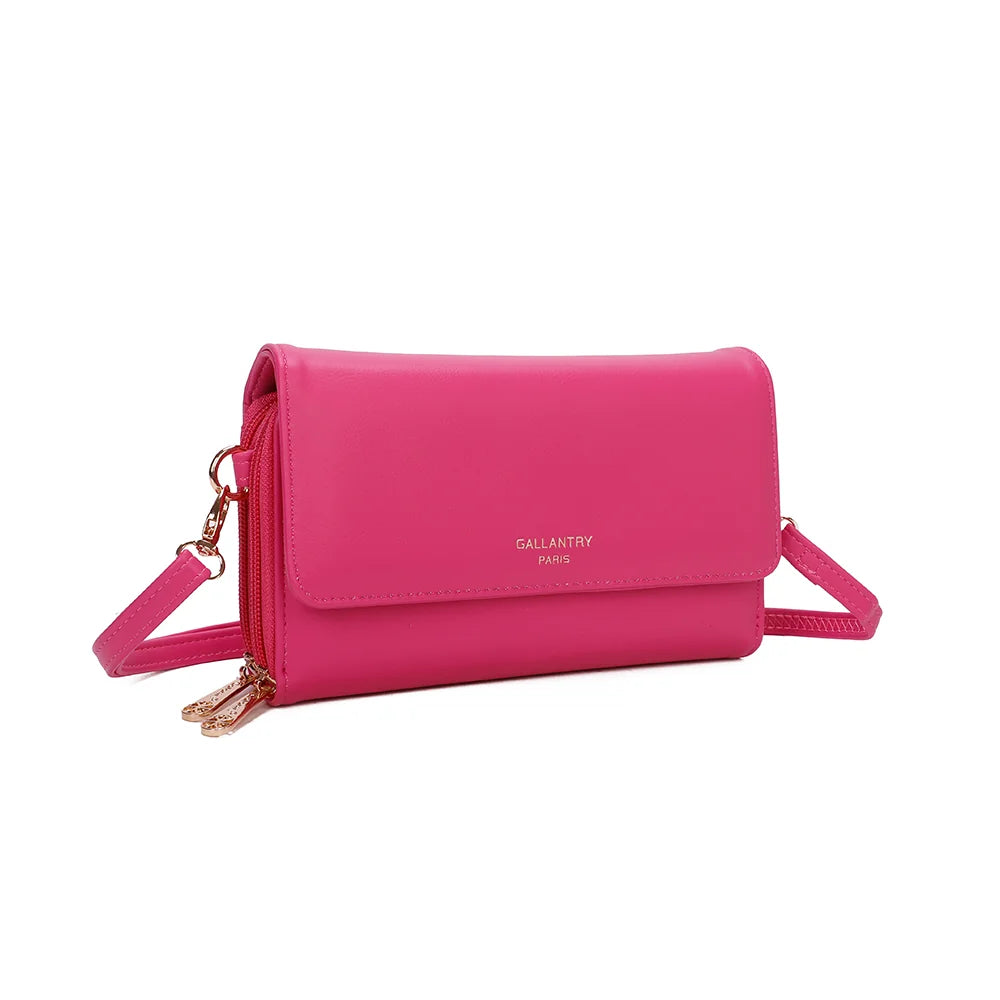 Naélys fuschia de trois-quarts : rabat lisse, côtés zippés et doubles tirettes dorées – réf. SF-69025